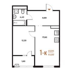 ЖК «Новое Летово», планировка 1-комнатной квартиры, 45.10 м²