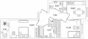 ЖК «Кинопарк», планировка 2-комнатной квартиры, 54.53 м²