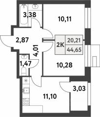 ЖК «Smart Garden», планировка 2-комнатной квартиры, 45.30 м²