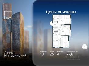 ЖК «Level Мичуринский», планировка 4-комнатной квартиры, 77.80 м²