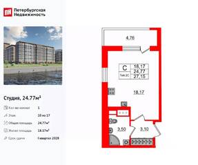 ЖК «Сэтл Ривьера», планировка студии, 24.77 м²