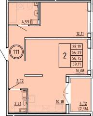 МЖК «Образцовый квартал 16», планировка 2-комнатной квартиры, 54.39 м²