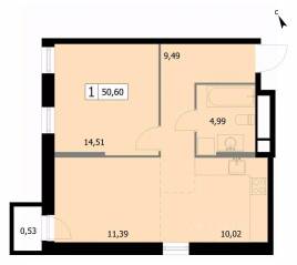 ЖК «Self», планировка 1-комнатной квартиры, 50.60 м²