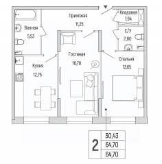 ЖК «Riga Hills», планировка 2-комнатной квартиры, 64.70 м²