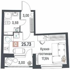 ЖК «Авиатор» (Девяткино), планировка студии, 25.73 м²