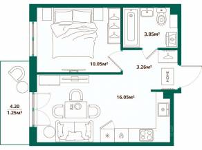 ЖК «ЛесART», планировка 1-комнатной квартиры, 34.46 м²