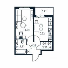 ЖК «Полис ЛАВрики», планировка 1-комнатной квартиры, 34.50 м²