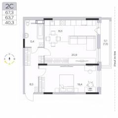 ЖК «Пироговская Ривьера», планировка 2-комнатной квартиры, 63.60 м²