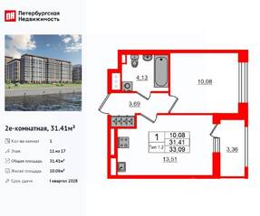 ЖК «Сэтл Ривьера», планировка 1-комнатной квартиры, 31.41 м²