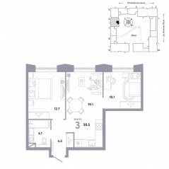 ЖК «Страна.Заречная», планировка 3-комнатной квартиры, 50.50 м²