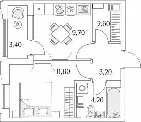 ЖК «Тайм Сквер», планировка 1-комнатной квартиры, 33.20 м²