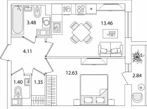 ЖК «Кинопарк», планировка 1-комнатной квартиры, 37.85 м²