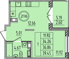 МЖК «Образцовый квартал 14», планировка 1-комнатной квартиры, 34.26 м²