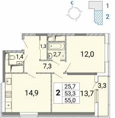 ЖК «Центр-2», планировка 2-комнатной квартиры, 55.50 м²