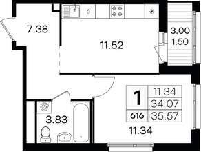 ЖК «GloraX Парголово», планировка 1-комнатной квартиры, 35.50 м²