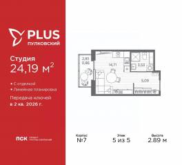 ЖК «Plus Пулковский», планировка студии, 24.19 м²