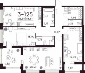 ЖК «Familia», планировка 3-комнатной квартиры, 125.70 м²