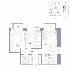 ЖК «Страна.Заречная», планировка 3-комнатной квартиры, 59.50 м²