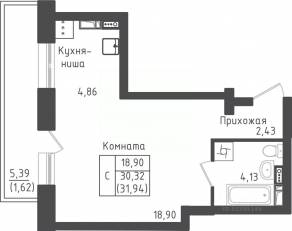 ЖК «Зеленый Оазис-Город», планировка студии, 31.94 м²