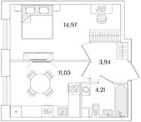 ЖК «Кинопарк», планировка 1-комнатной квартиры, 34.17 м²