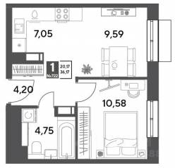 ЖК Арт-квартал «Публицист», планировка 1-комнатной квартиры, 36.17 м²