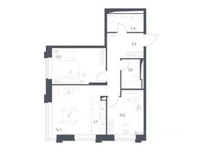 Апарт-комплекс «Верейская 41», планировка 2-комнатной квартиры, 60.43 м²