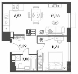 ЖК Арт-квартал «Публицист», планировка 1-комнатной квартиры, 42.69 м²