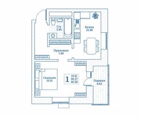 ЖК «Новоград Монино», планировка 1-комнатной квартиры, 40.60 м²
