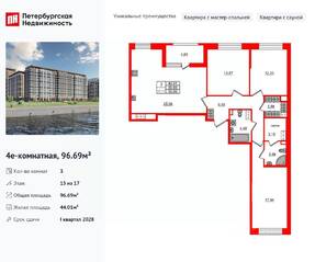 ЖК «Сэтл Ривьера», планировка 3-комнатной квартиры, 96.69 м²