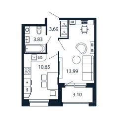 ЖК «Полис Новоселье», планировка 1-комнатной квартиры, 33.71 м²