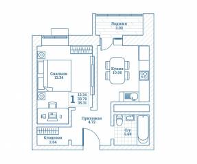 ЖК «Новоград Монино», планировка 1-комнатной квартиры, 35.60 м²