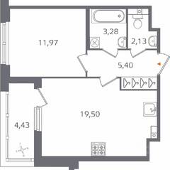 ЖК «Б15», планировка 1-комнатной квартиры, 44.50 м²