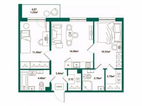 ЖК «ЛесART», планировка 2-комнатной квартиры, 55.01 м²