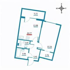 ЖК «Левитан», планировка 1-комнатной квартиры, 44.77 м²