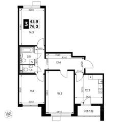 ЖК «Южная Битца», планировка 3-комнатной квартиры, 76.70 м²