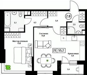 ЖК «Пушкино Град», планировка 2-комнатной квартиры, 55.20 м²
