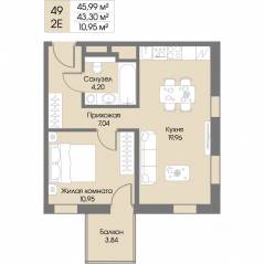 Апарт-комплекс «Резиденция Рощино», планировка студии, 43.30 м²