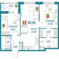 ЖК «Графика», планировка 2-комнатной квартиры, 60.56 м²