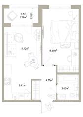 ЖК «Тишин», планировка 1-комнатной квартиры, 42.28 м²