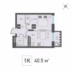 ЖК «Зеленоград Ривьера», планировка 1-комнатной квартиры, 40.50 м²