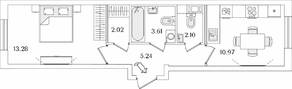 ЖК «Кинопарк», планировка 1-комнатной квартиры, 37.22 м²