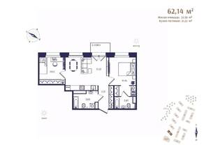 ЖК «Ranta Residence», планировка 2-комнатной квартиры, 62.14 м²
