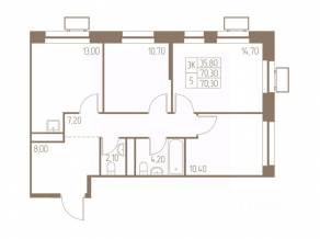 ЖК «Фабрикант», планировка 3-комнатной квартиры, 70.30 м²