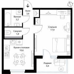 МЖК «Экография», планировка 1-комнатной квартиры, 39.30 м²