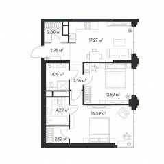 ЖК «1-й Нагатинский», планировка 2-комнатной квартиры, 69.19 м²