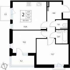 МЖК «Экография», планировка 2-комнатной квартиры, 52.50 м²