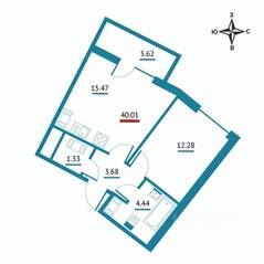 ЖК «Левитан», планировка 1-комнатной квартиры, 40.01 м²