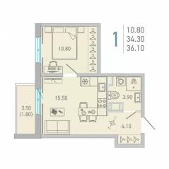 ЖК «Lovo», планировка 1-комнатной квартиры, 36.10 м²
