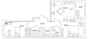 ЖК «Гранат», планировка 2-комнатной квартиры, 54.60 м²