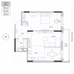ЖК «Пироговская Ривьера», планировка 2-комнатной квартиры, 61.70 м²